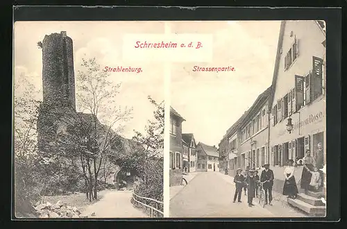 AK Schriesheim a. d. B., Strassenpartie mit Gasthaus zur goldenenRose, Strahlenburg