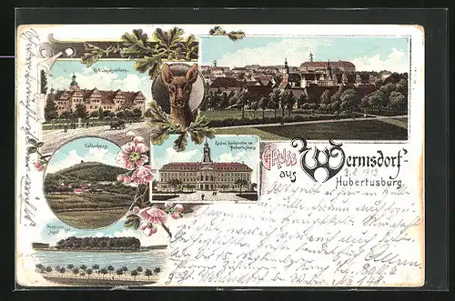 Lithographie Wermsdorf /Hubertusburg, Collmberg, Kgl. Jadgschloss, Reh
