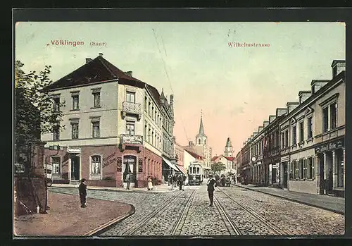 AK Völklingen /Saar, Gasthaus Münchener Kindl, Wilhelmstrasse, Strassenbahn