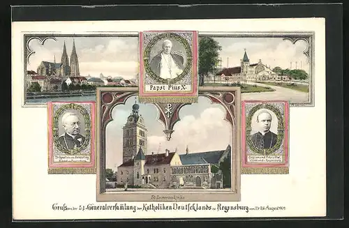 AK Regensburg, Konterfei Papst Pius X., 51. Generalversammlung der Katholiken Deutschlands 1904, Münster
