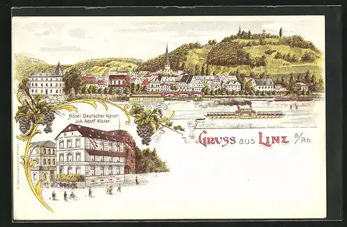 Lithographie Linz, Ortsansicht mit Dampfer Bismark, Hotel Deutscher Kaiser von Adolf Kister