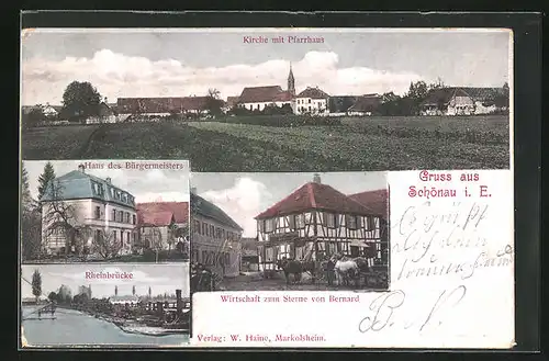 AK Schönau i. E., Kirche mit Pfarrhaus, Bürgermeisterhaus, Gasthaus zum Sterne von Bernhard
