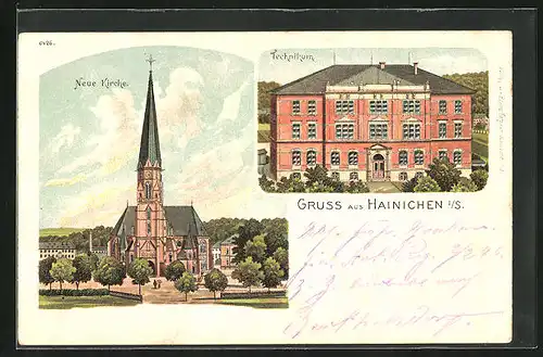 Lithographie Hainichen, Neue Kirche, Technikum