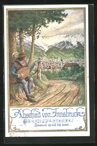 AK Deutscher Schulverein Nr. 942: Innsbruck, Strassenmusiker auf Anhöhe mit Blick auf den Ort