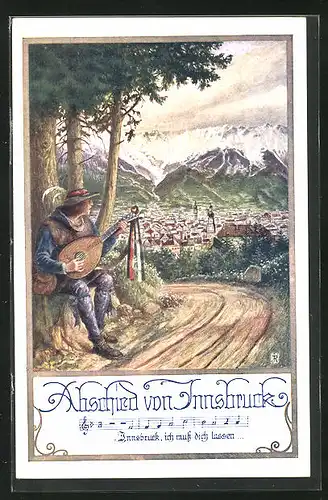 AK Deutscher Schulverein Nr. 942: Innsbruck, Strassenmusiker spielt vor der Stadt
