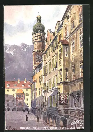 Künstler-AK Rudolf Preuss: Innsbruck, Herzogfriedrichstrasse mit Stadtturm