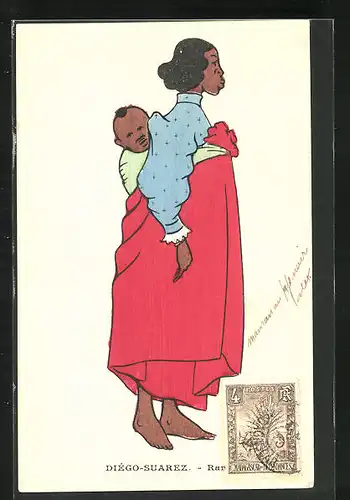 Künstler-AK Diego-Suarez, Afrikanische Mutter mit ihrem Kind auf dem Rücken