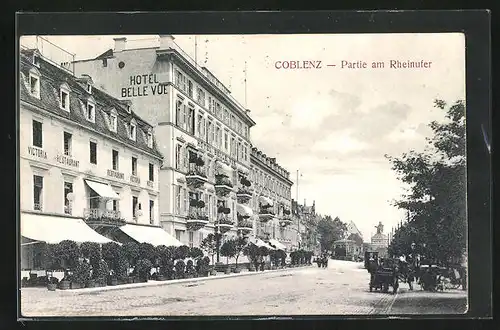 AK Coblenz, Partie am Rheinufer mit Hotel Bellevue und Victoria Restaurant