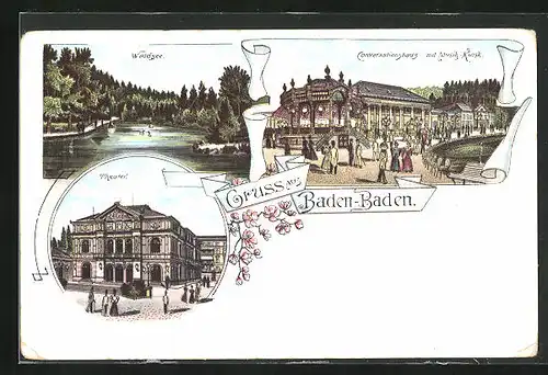 Lithographie Baden-Baden, Conversationshaus mit Musik-Kiosk, Waldsee, Theater