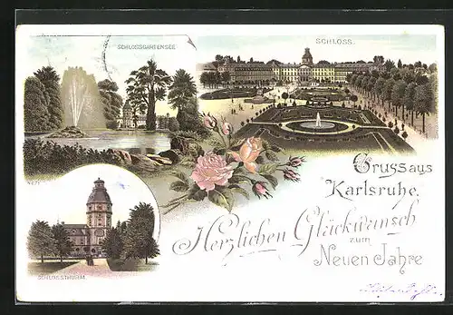 Lithographie Karlsruhe, Schlossgartensee, Schloss, Schlossturm