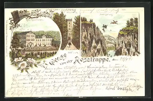 Vorläufer-Lithographie Thale, 1893, Hotel Rosstrappe, Hexensprung