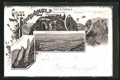 Lithographie Thale, Hotel Hexentanzplatz, Rosstrappfelsen, Bismarckstein, Hirschgrund