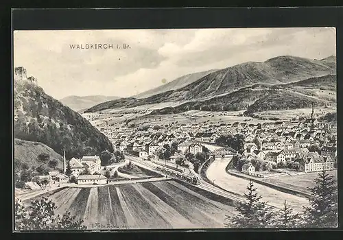 Künstler-AK Eugen Felle: Waldkirch i. Br., Panorama der Stadt mit Eisenbahn