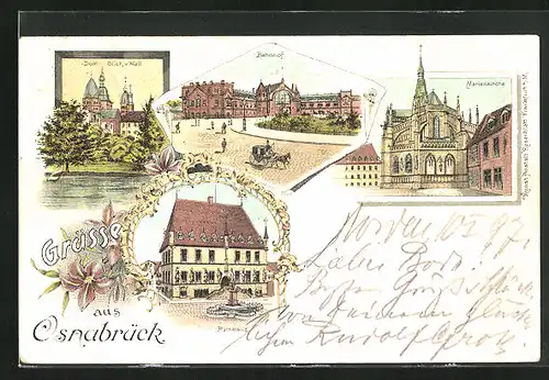 Lithographie Osnabrück, Bahnhof, Marienkirche und Rathaus