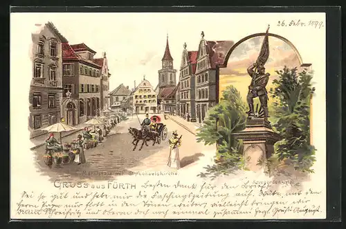 Lithographie Fürth, Marktplatz mit St. Michaelskirche