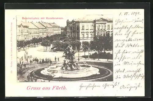 AK Fürth, Bahnhofsplatz mit Kunstbrunnen