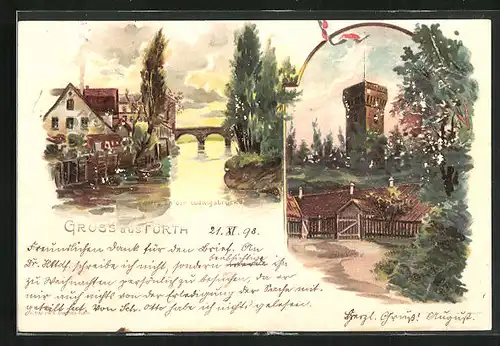 Lithographie Fürth, Partie an der Ludwigsbrücke