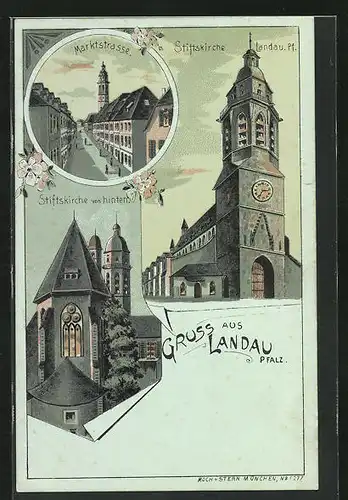Lithographie Landau, Stiftskirche und Marktstrasse