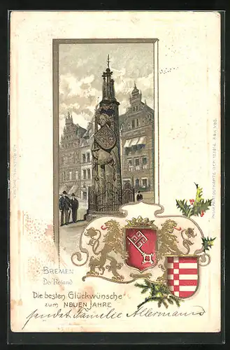 Passepartout-Lithographie Bremen, Denkmal, Neujahrsgrüsse, Wappen
