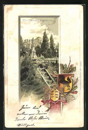 Passepartout-Lithographie Stuttgart, Eugensbrunnen, Wappen mit Pferd