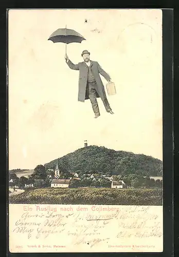 AK Collmberg, Herr fliegt mit Regenschirm über Stadt