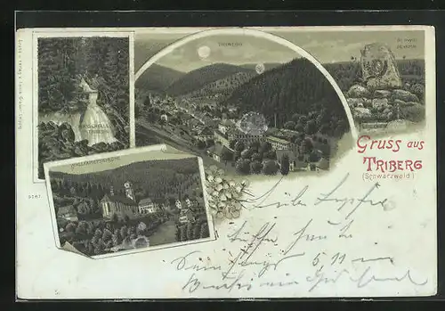 Mondschein-Lithographie Triberg /Schwarzwald, Gerwig Denkmal, Wallfahrtskirche, Wasserfall