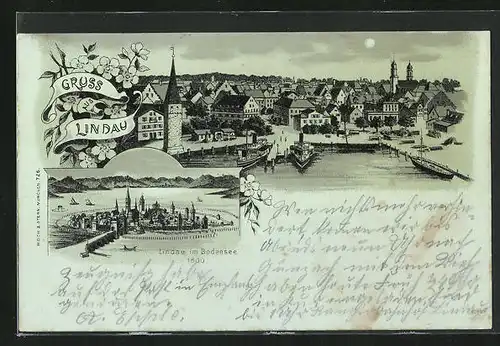 Mondschein-Lithographie Lindau /Bodensee, Blick über Stadt, Dampfer im Hafen