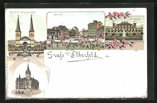 Lithographie Elberfeld, Zool. Garten, Neumarkt, Kriegerdenkmal