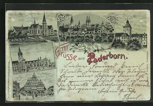 Mondschein-Lithographie Paderborn, Gymnasium, Dom, Rathaus