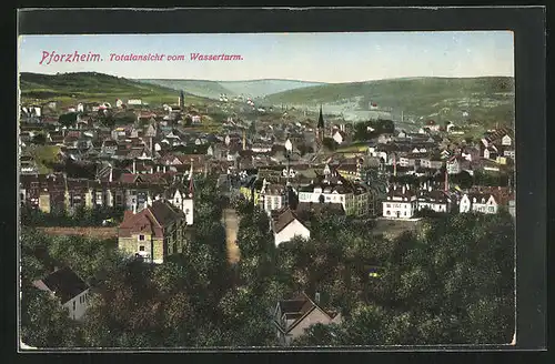 AK Pforzheim, Totalansicht vom Wasserturm