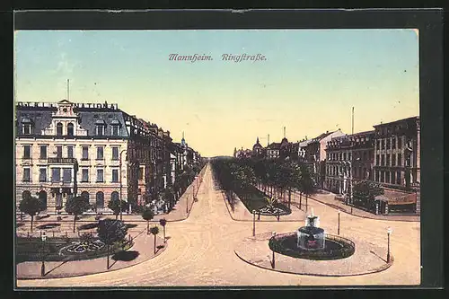 AK Mannheim, Blick auf die Ringstrasse, Brunnen