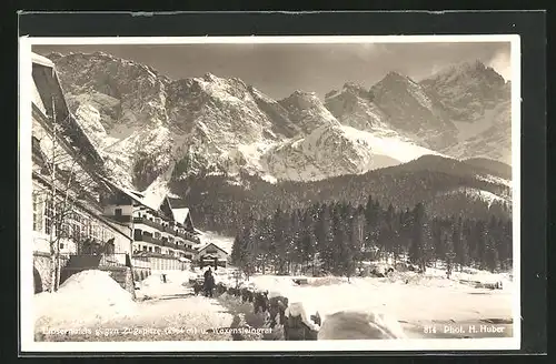 AK Eibsee, Hotels mit Blick gegen die Zugspitze und Waxensteingrat
