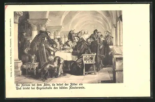 AK Hirsau, Ritter beim Abt trinkt Klosterwein, Hund