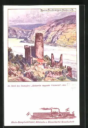 Künstler-AK Bacharach, Ruine Fürstenberg, Rhein-Dampfschiff Kais. August Victoria, Köln. u. Düsseld. Gesellschaft