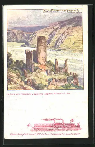 Künstler-AK Bacharach, Ruine Fürstenberg, Rhein-Dampfschiff Kais. Auguste Victoria, Köln. u. Düsseld. Gesellschaft