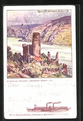 Künstler-AK Bacharach, Ruine Fürstenberg, Rhein-Dampfschiff Deutscher Kaiser, Köln. u. Düsseld. Gesellschaft