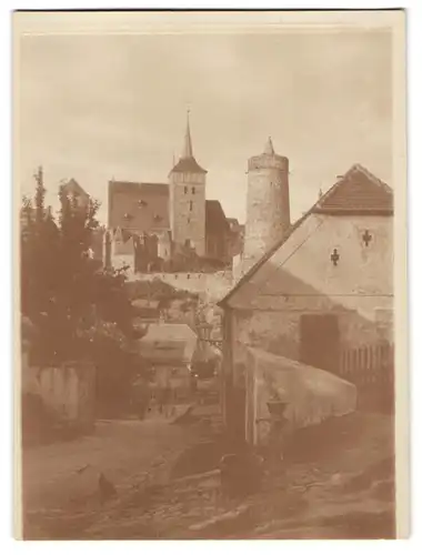 6 Fotografien unbekannter Fotograf, Ansicht Bautzen, Stadtansichten mit Burg, Wasserturm, Kirche & Strassenansicht