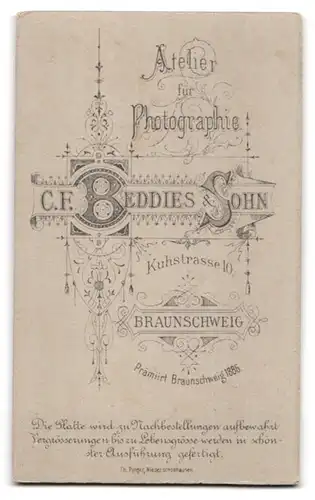 Fotografie C. F. Beddies & Sohn, Braunschweig, Kuhrstrasse 10, Portrait junge Dame im hübschen Kleid