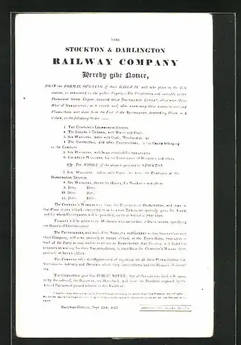 AK Stockton & Darlington Railway Company, Notice, englische Eisenbahn