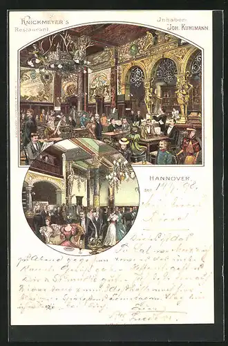 Lithographie Hannover, Knickmeyer`s Restaurant, Innenansichten