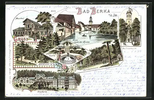 Lithographie Bad Berka a. d. Ilm, Stahl-Quelle, Moorbad, Paulinenthurm