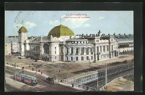 AK St. Pétersbourg, Blick auf Bahnhof und Vorplatz aus der Vogelschau