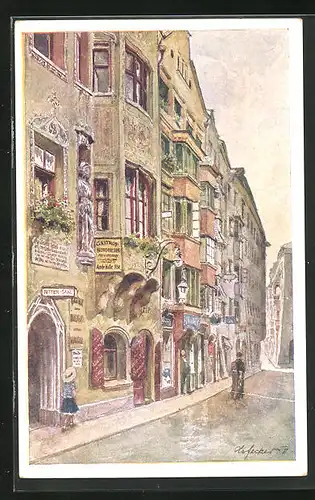 Künstler-AK E.F. Hofecker: Innsbruck, Hofgasse mit Gasthaus Burg-Riesen