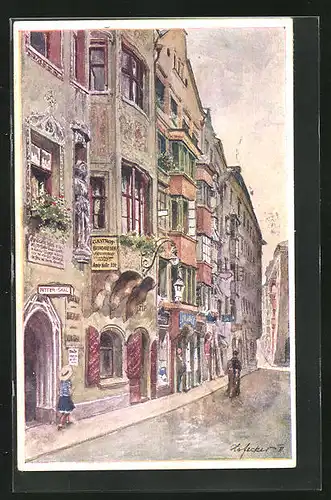 Künstler-AK E.F. Hofecker: Innsbruck, Hofgasse mit Gasthaus