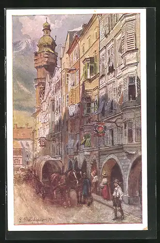 Künstler-AK E.F. Hofecker: Innsbruck, Herzog Friedrichstrasse mit Pferdegespann