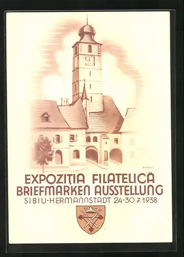 AK Hermannstadt, Briefmarken Ausstellung 1938, Uhrenturm