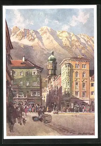 Künstler-AK Edo v. Handel-Mazzetti: Innsbruck, Maria-Theresienstrasse mit Nordkette u. Stadtturm