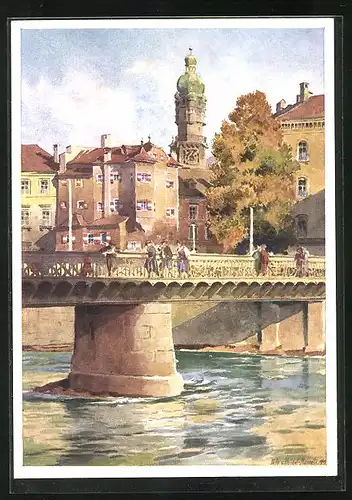 Künstler-AK Edo v. Handel-Mazzetti: Innsbruck, Innbrücke mit Ottoburg und Stadtturm
