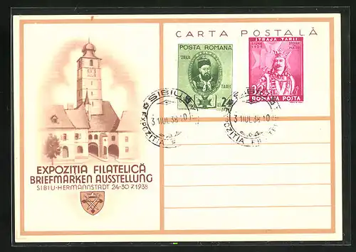 AK Hermannstadt, Briefmarken Ausstellung 1938, Ortspartie mit Uhrenturm