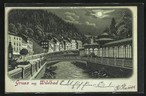 Mondschein-Lithographie Wildbad, Olgastrasse mit Trinkhalle